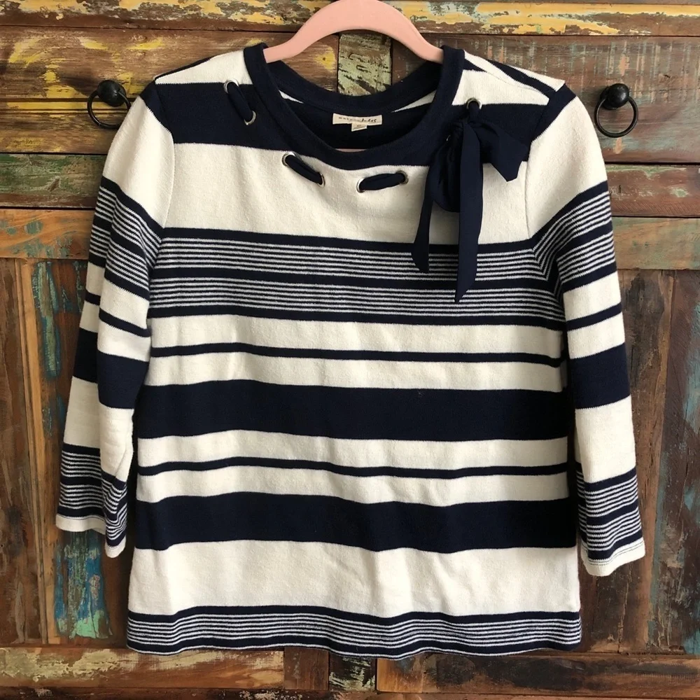 Maison Jules Striped Tie Front Lightweight Sweater M Blue Twee Nautical Classic